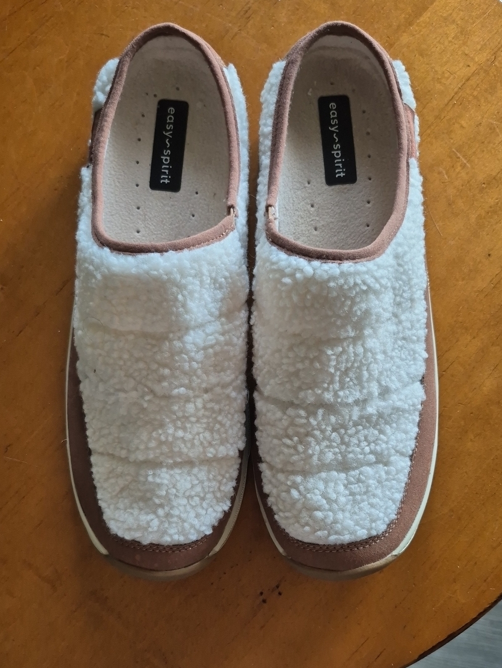 Easy Spirit Cream and Brown Sherpa Slip-Ons. NWOB. Size 11W
